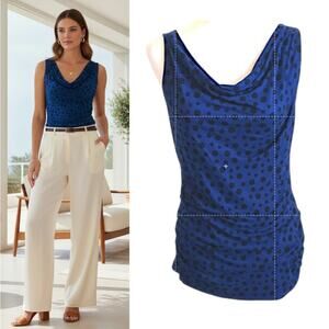 Ann Taylor Loft Draped Neck Top Sz M Blue Black Polka Dot Sleevless Stretch Knit
